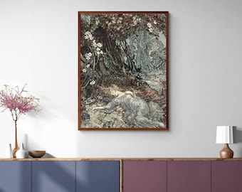 Midsummer Night's Dream Fairies Canvas Art Print, Arthur Rackham Illustration, Vintage Woodland Decor, Fairy Tale Little Girl Wall Art