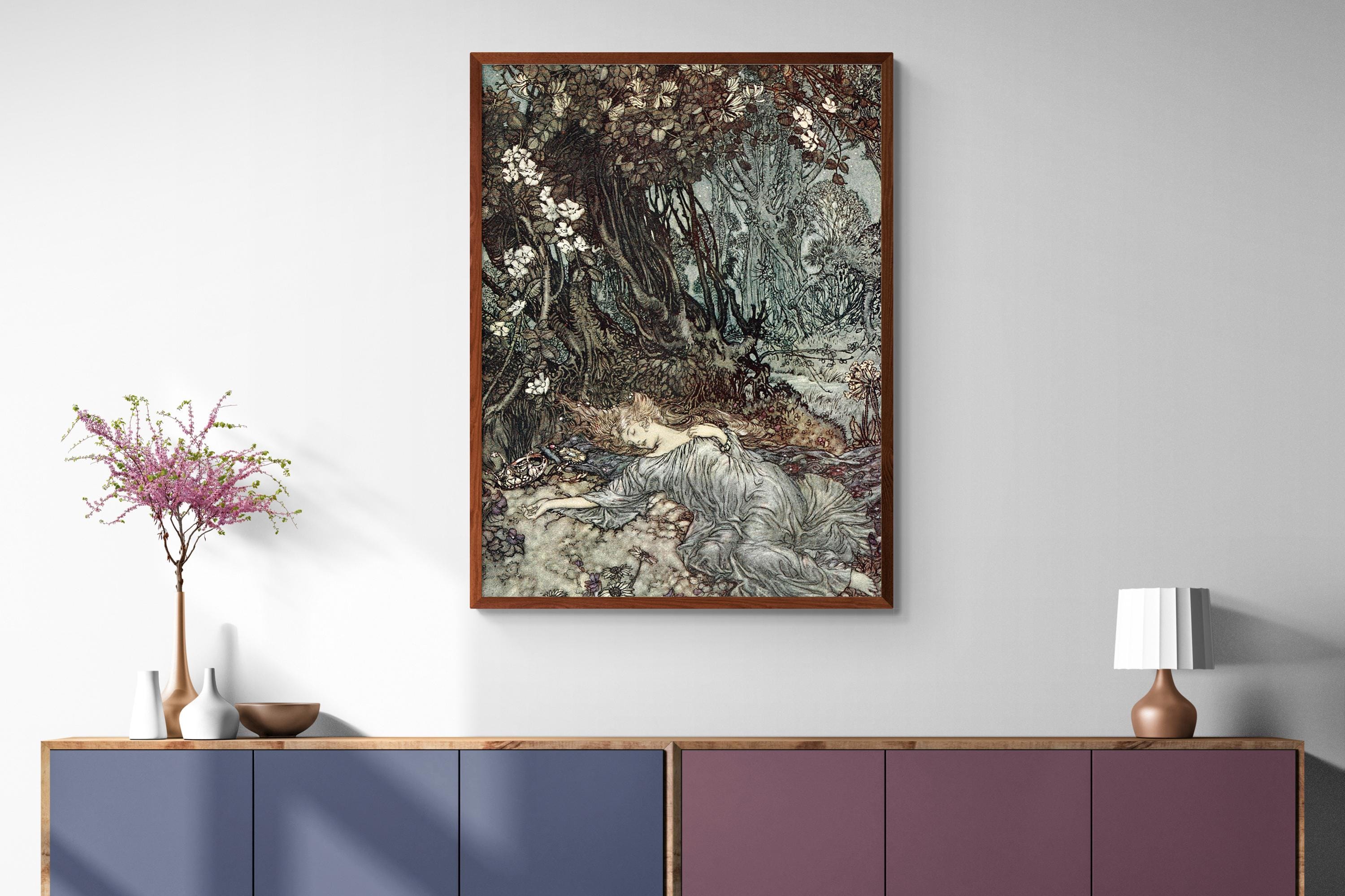 Rêve des fées Cavas impression d'art, Illustration d'Arthur Rackham, décoration vintage Woodland, conte de fées petite fille art mural
