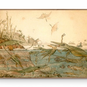 ヘンリー・デ・ラ・ベッシュ作「Duria Antiquior」キャンバスアートプリント、恐竜の絵画、古生物アートプリント、原始古生物学イラストウォールアート