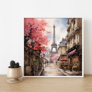May include: A watercolor painting of a Parisian street scene with the Eiffel Tower in the background. Pink cherry blossoms are falling from the trees lining the street. The street is lined with buildings and there are people walking on the sidewalk.