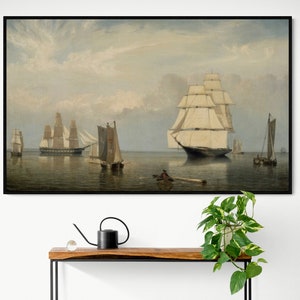 Fitz Henry Lane Paintings Canvas Print - Salem Harbor Seascape Painting, Yatch Painting by Fitz Henry Lane Reproduction Art Print