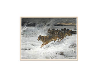 Wolf Pack Running Wildlife Print - Alfred Kowalski Winter Wolves Painting - Vintage Animal Art, Cabin Decor