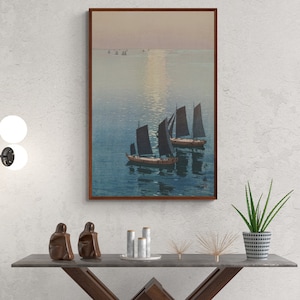 Japanese Art Print - Sailing Boats by Hiroshi Yoshida Japanese Woodblock Painting Canvas Wall Art Print Giclee on Canvas, Glittering Sea