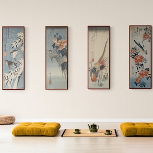 Set of 4/1 Vintage Japanese floral and birds art prints, Zen Feng Shui Canvas Print Wall Art, Japanese woodblock paintings canvas print