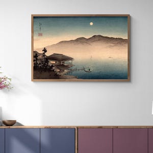Moon over Waterfront House By Shoda Koho, Antique Japanese Landscape Shin-Hanga Woodcut Painting Canvas Wall Art Home Decor
