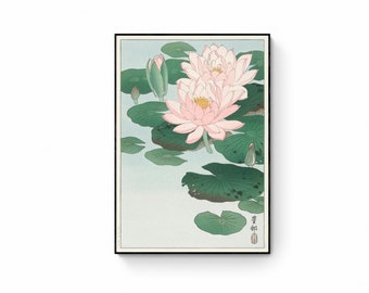 Japanese floral art prints, posters, Water Lilies by Ohara Koson fine art canvas print, Japanese paintings, Japanese woodblock paintings