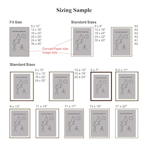 Może przedstawiać: Tabela rozmiar&oacute;w dla wydruk&oacute;w artystycznych pokazuje r&oacute;żne rozmiary ramek z prostym rysunkiem drzewa w środku. Tabela zawiera standardowe rozmiary, takie jak 8x10 cali, 12x16 cali i 18x24 cali, a także rozmiary dopasowane, takie jak 8x12 cali, 12x18 cali i 16x24 cali.