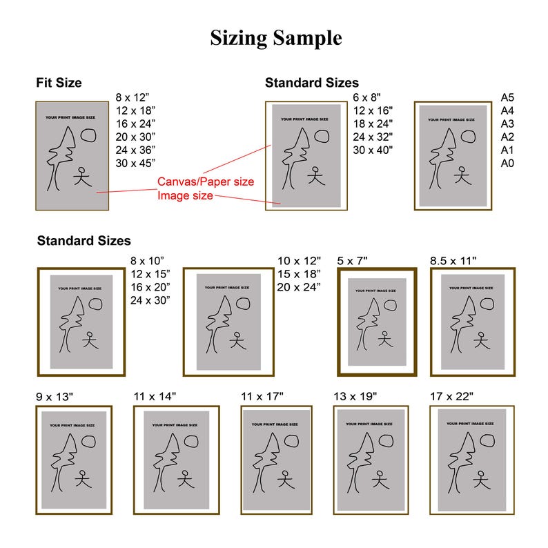 Może przedstawiać: Tabela rozmiar&oacute;w dla wydruk&oacute;w artystycznych pokazuje r&oacute;żne rozmiary ramek z prostym rysunkiem drzewa w środku. Tabela zawiera standardowe rozmiary, takie jak 8x10 cali, 12x16 cali i 18x24 cali, a także rozmiary dopasowane, takie jak 8x12 cali, 12x18 cali i 16x24 cali.