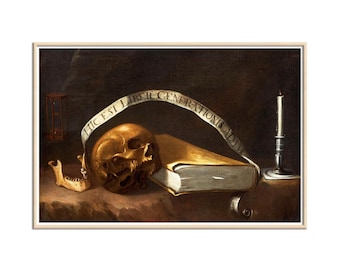 May include: A still life painting featuring a human skull, jawbone, and a closed book. A ribbon with text arches over the skull. A lit candle and hourglass are also present. The color palette is dominated by browns and golds.