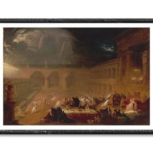 May include: A painting depicting a scene from the Bible, showing a large gathering of people in a grand hall. The scene is lit by a bright light emanating from the sky, and there are clouds in the background. The painting is done in a realistic style, with detailed figures and a sense of depth.
