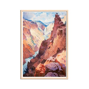 View of the Grand Canyon of the Yellowstone, Warm Earth Tone American Landscape Painting, Yellowstone Painting Canvas Wall Art Home Decor