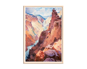 View of the Grand Canyon of the Yellowstone, Warm Earth Tone American Landscape Painting, Yellowstone Painting Canvas Wall Art Home Decor