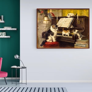 The Piano Lesson by Henriëtte Ronner-Knip, Cats Playing Piano, Cats, Kittens, Cat Lover Painting Canvas Print Wall Art Home Decor
