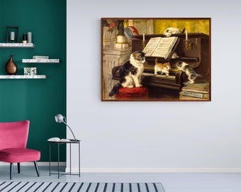 The Piano Lesson by Henriëtte Ronner-Knip, Cats Playing Piano, Cats, Kittens, Cat Lover Painting Canvas Print Wall Art Home Decor