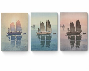 Set of 3, 1 - Japanese Woodstock Canvas Print Sailing Boats in Moring, Day and Evening by Yoshida Hiroshi, Sunrise Sunset Seascape Prints
