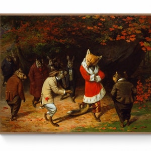 May include: A painting of a fox wearing a red and white robe with a crown, standing in a forest with other animals. The fox is surrounded by rabbits and other woodland creatures. The painting is set in a forest with autumn leaves on the ground.