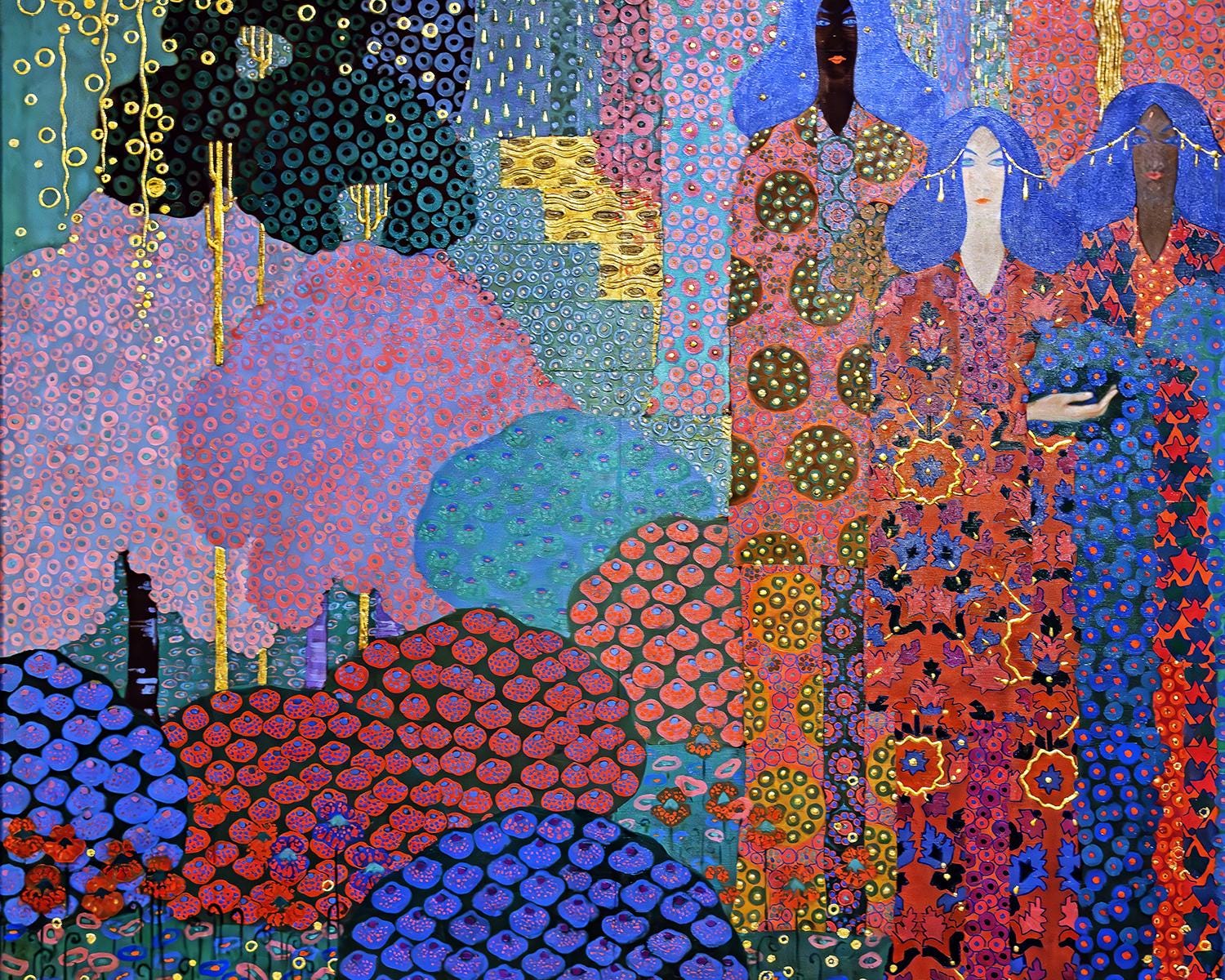 Princesses in the Garden, Colorful Glass Mosaic Style Painting