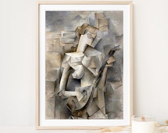 Girl with a Mandolin by Pablo Picasso, Cubism Abstract Painting fine art canvas print wall art, Abstrcat Woman Cubism Painting Canvas Print