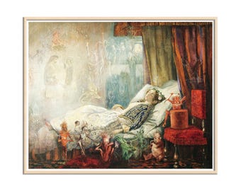 Deam, Sleeping Girl and Fairies, Fantasy Art Print, Fairy Tale Wall Art, Mythological Painting by John Anster Fitzgerald Canvas Print