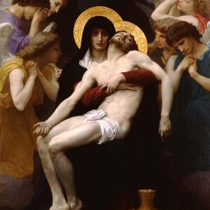 Pietà autorstwa Williama-Adolphe Bouguereau, Współczucie Sztuka Chrześcijańska, Sztuka Religijna, Jezus i Dziewica Maryja Sztuka na Płótnie Wydruk Ścienny Wystrój Domu