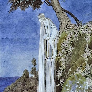 May include: A watercolour painting depicting a woman standing on a cliff, gazing down at a waterfall. She is wearing a white dress and has long blonde hair. The waterfall cascades down a rocky cliff, with trees and bushes in the background. The sky is a pale blue.
