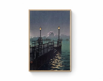 Kawase Hasui Reproduction Canvas Prints - Pier at Otaru, Japanese Landscape Art Print Canvas Wall Art, Ukiyo e Canvas Print