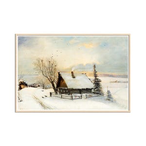 The Beginning of Spring, Winter Landscape Painting, Snow Art Print, Rustic Cottage in Snowy Landscape Canvas Wall Art Home Decor