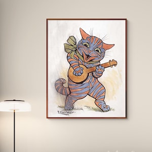 Gato con laúd de Louis Wain, adorable ilustración de gato, dibujo animado, pintura de arte infantil, impresión Giclée de archivo, decoración de pared