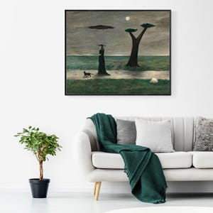 May include: A painting of a woman in a long black dress walking with a black cat in a field under a crescent moon. The woman is wearing a black hat. There is a tree in the background.