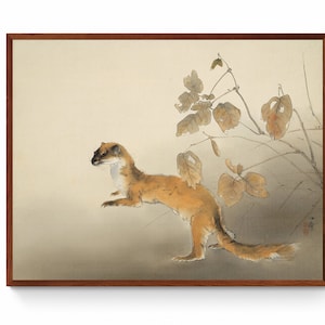 Herbst Bauernhof Gemälde von Hashimoto Kansetsu, antike japanische Wiesel japanische Malerei Wandkunst, exotische Tiere, stehendes Wiesel