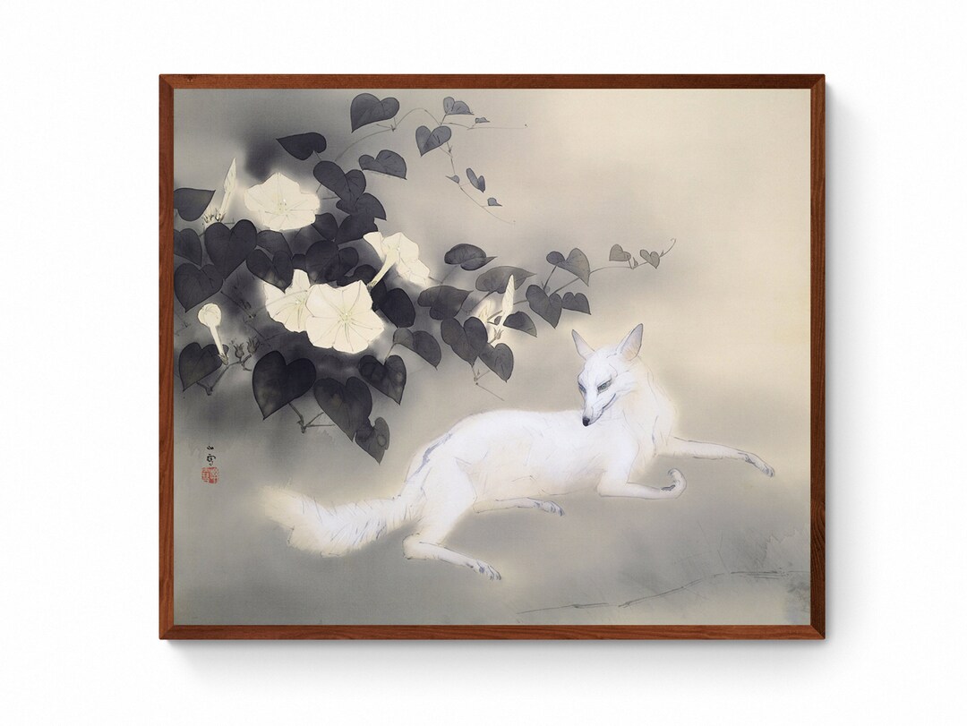 原画　アクリル画　絵画　アート　狐　日本 白狐の絵 モノクロ 日本画 壁アート、橋本関雪作 アンティーク 日本狐