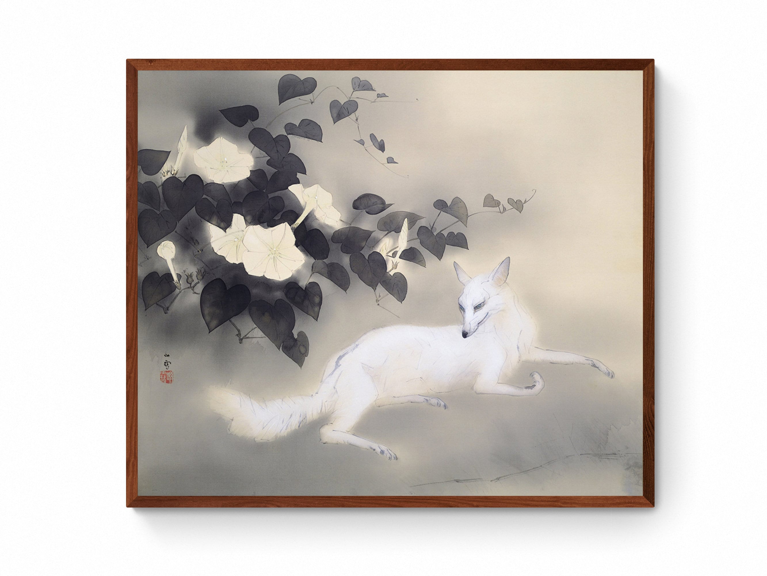 白狐の絵 モノクロ 日本画 壁アート、橋本関雪作 アンティーク 日本狐