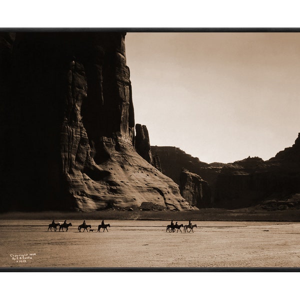 Navajo Riders in Canyon de Chelly by Edward S Curtis, Antique Photography Canvas Wall Art, US Spirit, American Art, Vintage, Nature