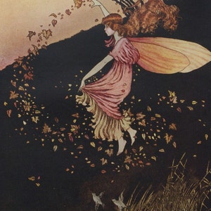Nursery Canvas Wall Art - Fairy Throwing Autumn Leaves, Little kids art print, Illustration by Ida Rentoul Outhwaite, Wing, Leaves, Forest