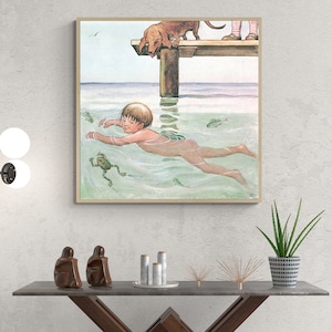 Vintage Fairytale Art Print For Girl Nursery, Boy Swimming Poster, Elsa Beskow Art, Vintage Fantasy Children Art, Vintage Nursery Wall Art