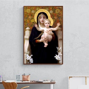 Dziewica wśród lilii autorstwa Williama Adolphe'a Bouguereau, Sztuka religijna Maryja i Dzieciątko Jezus Malarstwo na płótnie Wydruk na ścianę Dekoracja domu