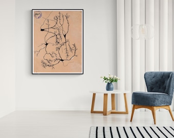 アンティーク解剖図、サンティアゴ・ラモン・イ・カハールによるニューロンの絵、アンティーク脳解剖キャンバスプリント、神経科学生物学プリント