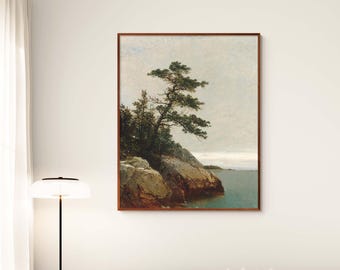 Old Pine Tree with Coastline Art Print, Vintage Seascape Painting, Coastal and Tree Wall Art, American Landscape Painting Canvas Print