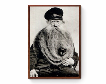 Impression d&#39;art toile photographie ancienne étrange, vieil homme avec un chat dans sa longue barbe blanche, étrange photo vintage, chat et homme, chaton noir
