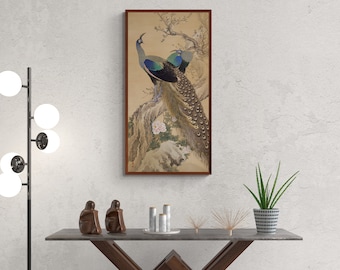 A Pair of Peacocks in Spring Canvas Print, Vintage Painting by Imao Keinen, Japanese Art Print, Tree Art Print, Peacock Art Print