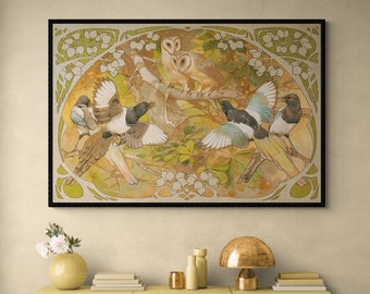 Art nouveau birds design Canvas Print Magpies and barn owls wal print, Julius Hoffmann, Antique bird wall art, Vintage nature art poster