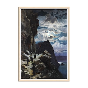 Könnte beinhalten: Ein gerahmter Druck einer nächtlichen Landschaft mit einem Pfad entlang einer Klippe. Figuren in dunkler Kleidung gehen den Pfad entlang. Der Himmel ist mit Wolken und einem hellen Mond gefüllt. Das Meer ist in der Ferne sichtbar.