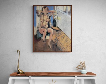 Matisse Prints Nude Art Reproduction, Vintage Border, Henri Matisse Post-Impressionism Style, Blue Tones, Museum Quality Home Decor