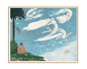 Composition, Abstract Fantasy Mythological Art Print, Man Look at Cloud Fairies in The Sky, Modern Abstarct Canvas Art Print Wall Art