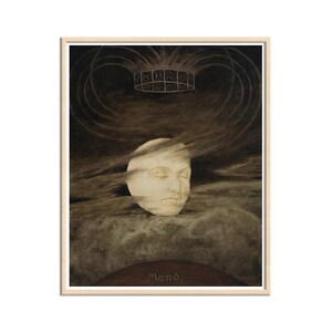 May include: A framed artwork featuring a serene face emerging from clouds, with a crown-like structure above. The artwork has a muted color palette with a soft, dreamlike quality. The word "Mond" is written at the bottom.
