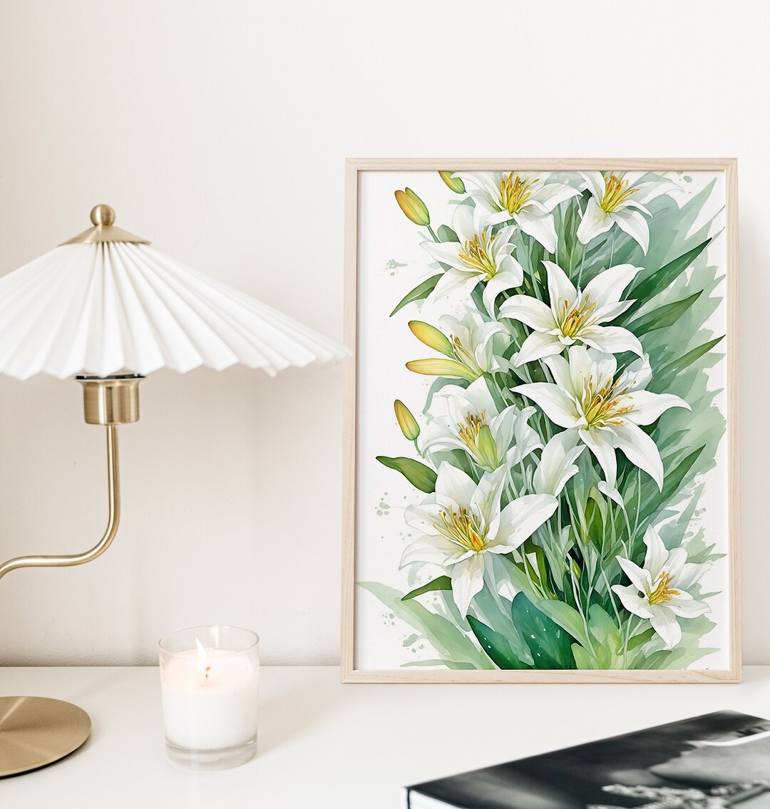 White Lilies Flowers Watercolor Painting Canvas Art Print, Botoniacal ...