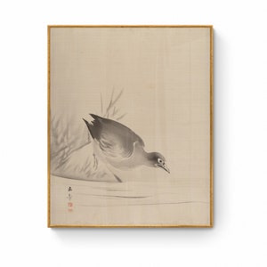 Japanese water bird lake side Print, Oriental Asian Landscape Ink Watercolor Sumi E Painting Japanese Ink Painting Wall Art Canvas Print