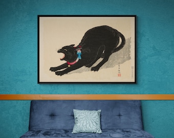 Takahashi Shotei Reproduction Canvas Prints - A Black Cat, Japanese Art Print Canvas Wall Art, Ukiyo-e Canvas Print Wall Art, Cat Painting
