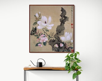 Chinese Ink Painting, Chinoiserie Art Print, White Gardenia Floral Wall Art, Botanical Canvas Print