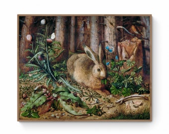 Antique Rabbit Canvas Print, Vintage Woodland Art